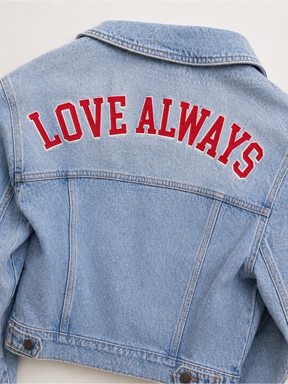 Light Blue Denim Jacket with Red "LOVE ALWAYS" Patch